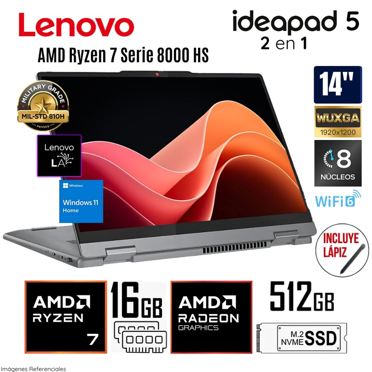 LENOVO - Laptop Lenovo Ideapad 5 2 en 1 AMD Ryzen 7 8845HS 16GB LPDDR5 RAM 512GB SSD 14" WUXGA - 83DR005ULM