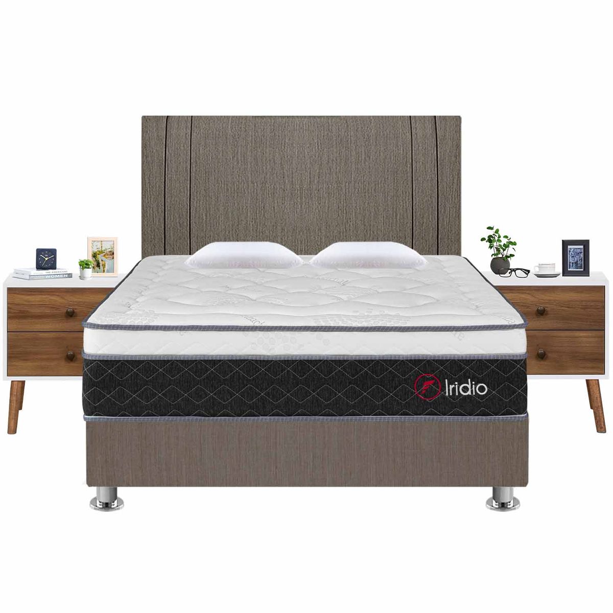 FORLI - Dormitorio Iridio Marrón Queen + 02 Veladores Veni