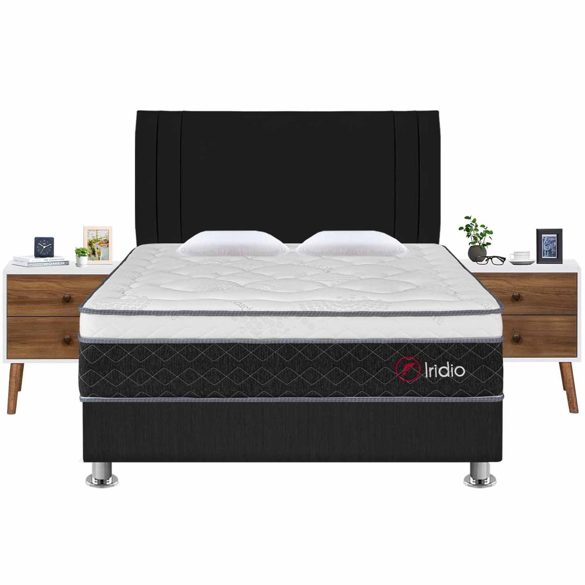 FORLI - Dormitorio Iridio Gris Queen + 02 Veladores Veni