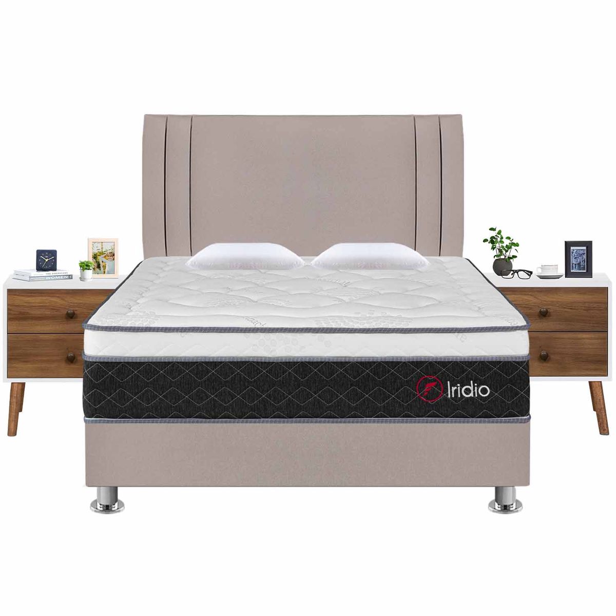 FORLI - Dormitorio Iridio Beige Queen + 02 Veladores Veni