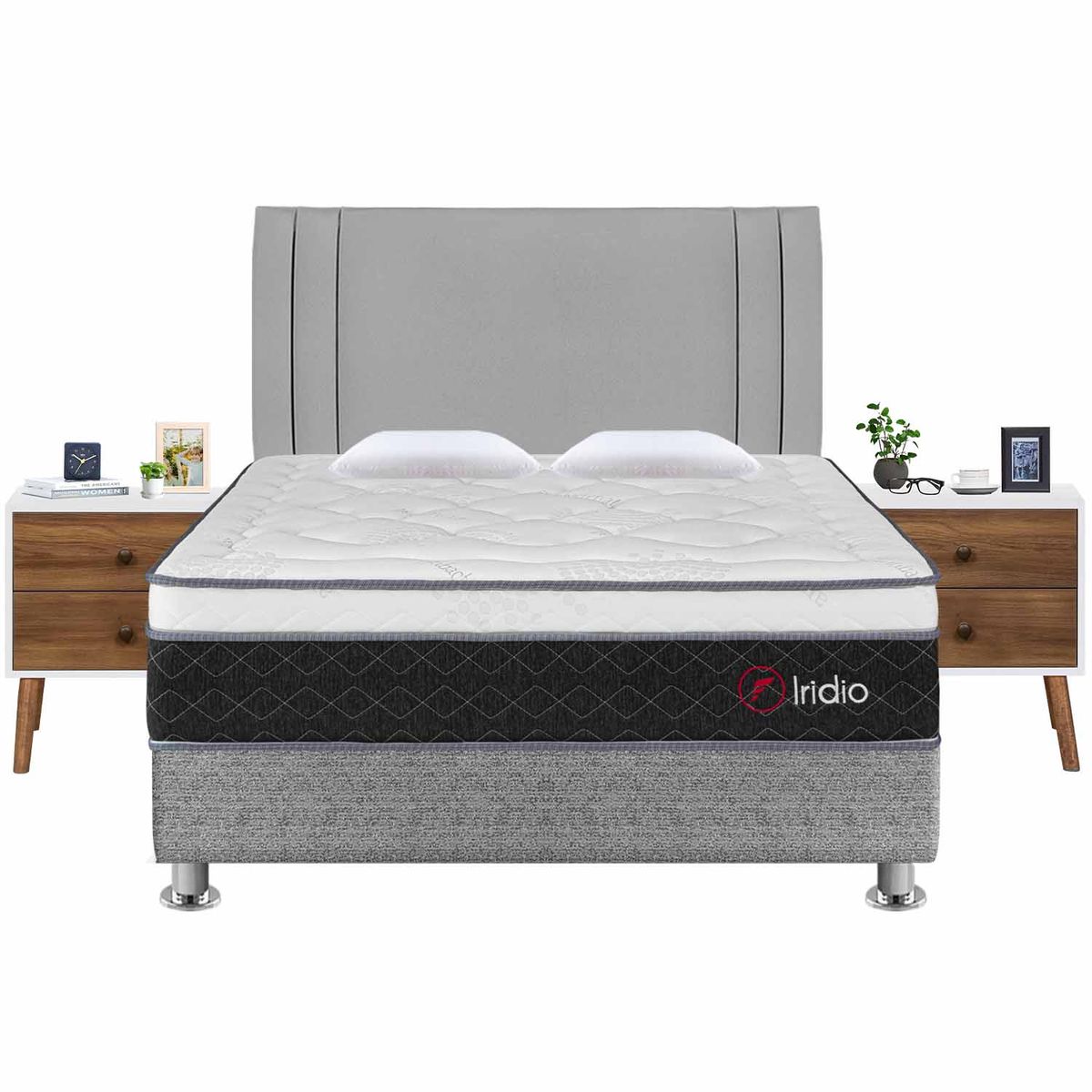 FORLI - Dormitorio Iridio Plata Queen + 02 Veladores Veni