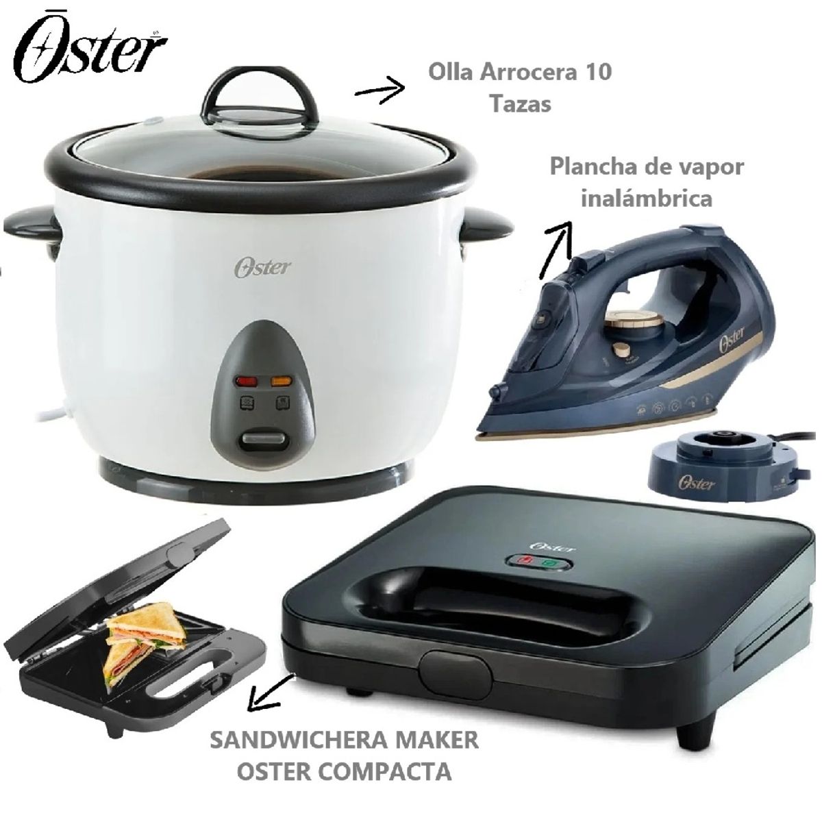 OSTER - Tricomco Olla arrocer+plancha inalambrica+Sandwichera Maker