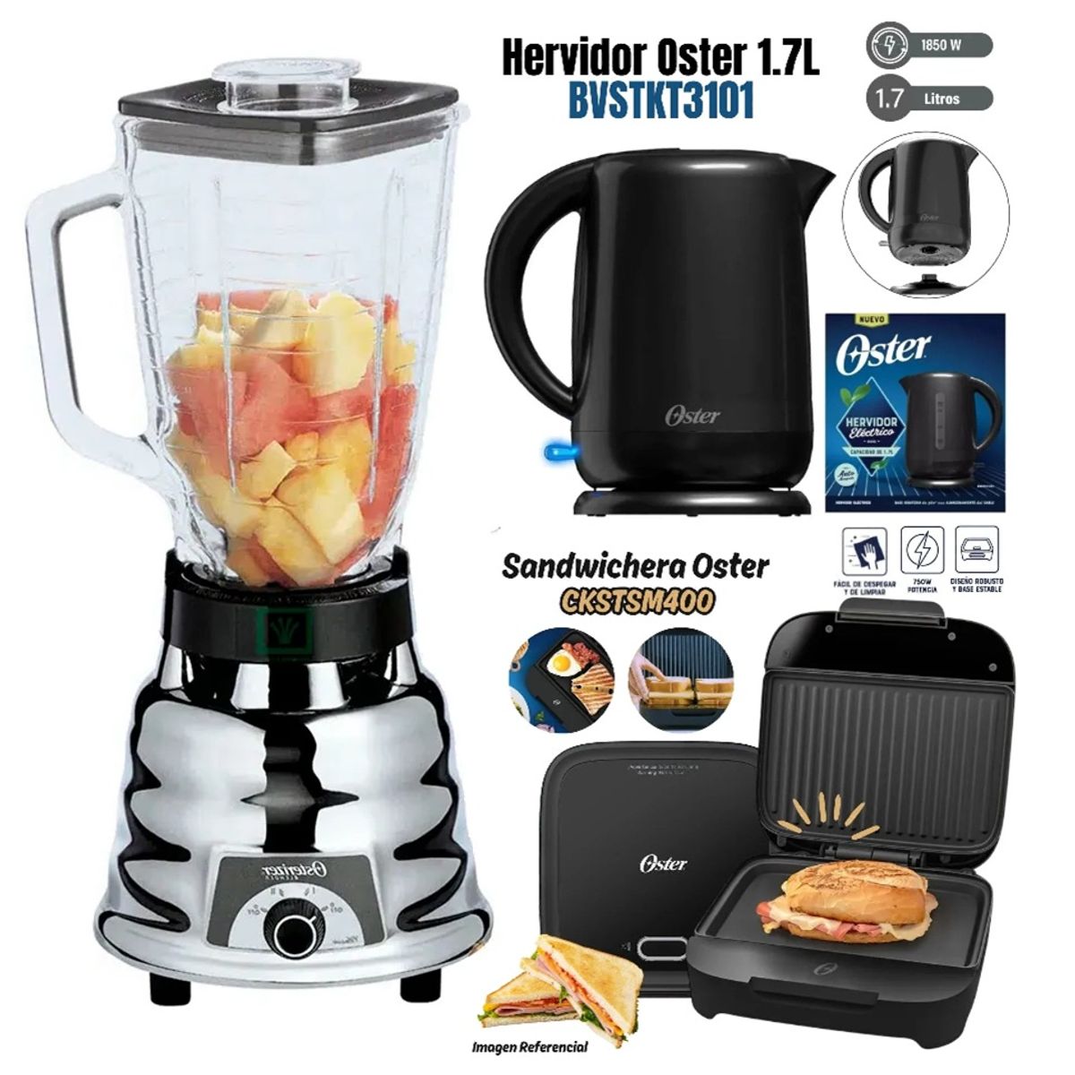 OSTER - Tricombo Licuadora 2 Velocidades+SANDWICHERA+Hervidora