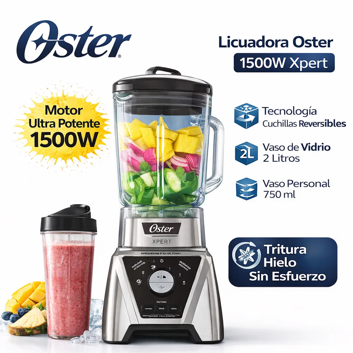 OSTER - Licuadora Oster Xpert 1500W Tecnología Reversible Vaso Vidrio 2L + Blend N Go 750ml BLST3B-CPG