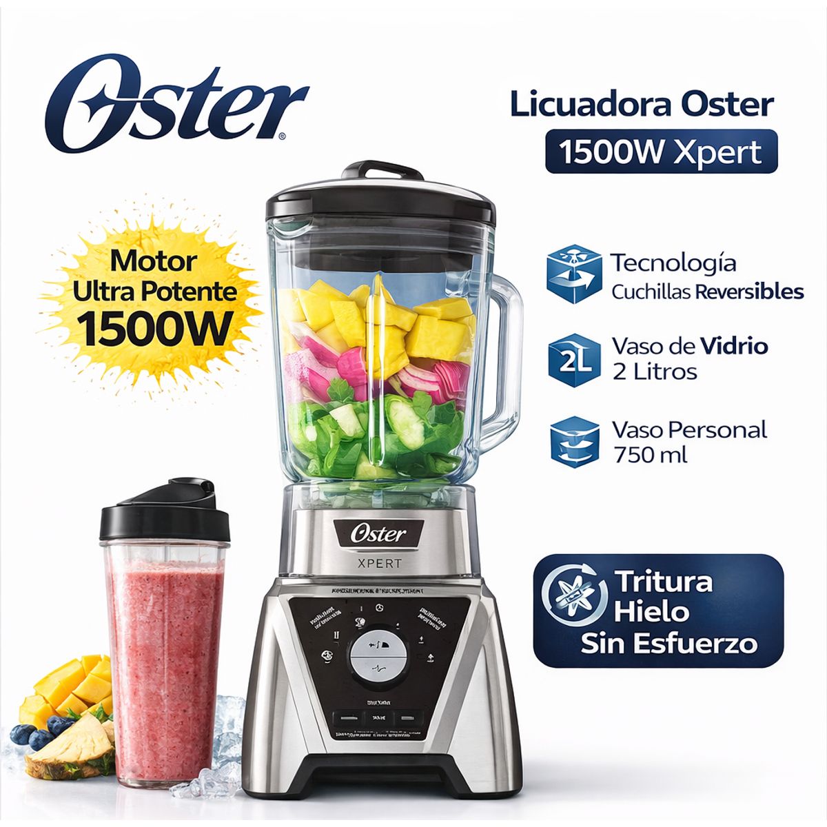 OSTER - Licuadora Oster Xpert 1500W Tecnología Reversible Vaso Vidrio 2L + Blend N Go 750ml BLST3B-CPG