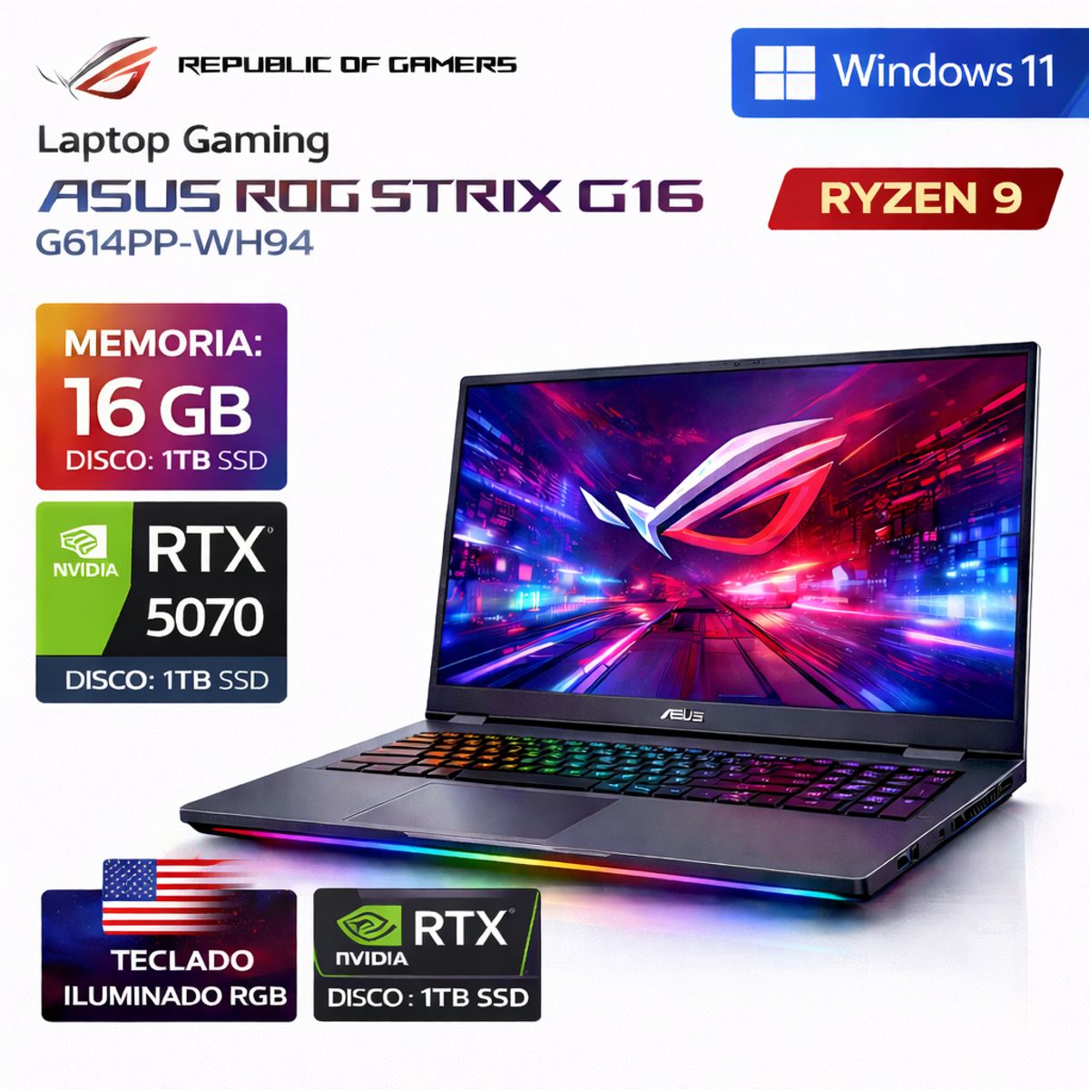 ASUS - Laptop Gamer Asus ROG STRIX G16 Ryzen 9-8940HX 16GB RAM 1TB SSD RTX5070-8GB 16FHD+ 165HZ G614P-WH94
