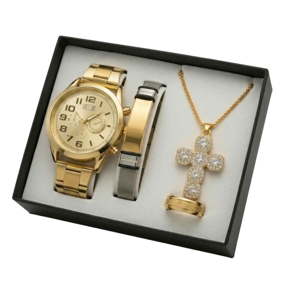 GENERICO - SET DE RELOJ  PULSERA COLLAR Y CADENA KIT 4 EN 1 PARA HOMBRES REGALO PERFECTO