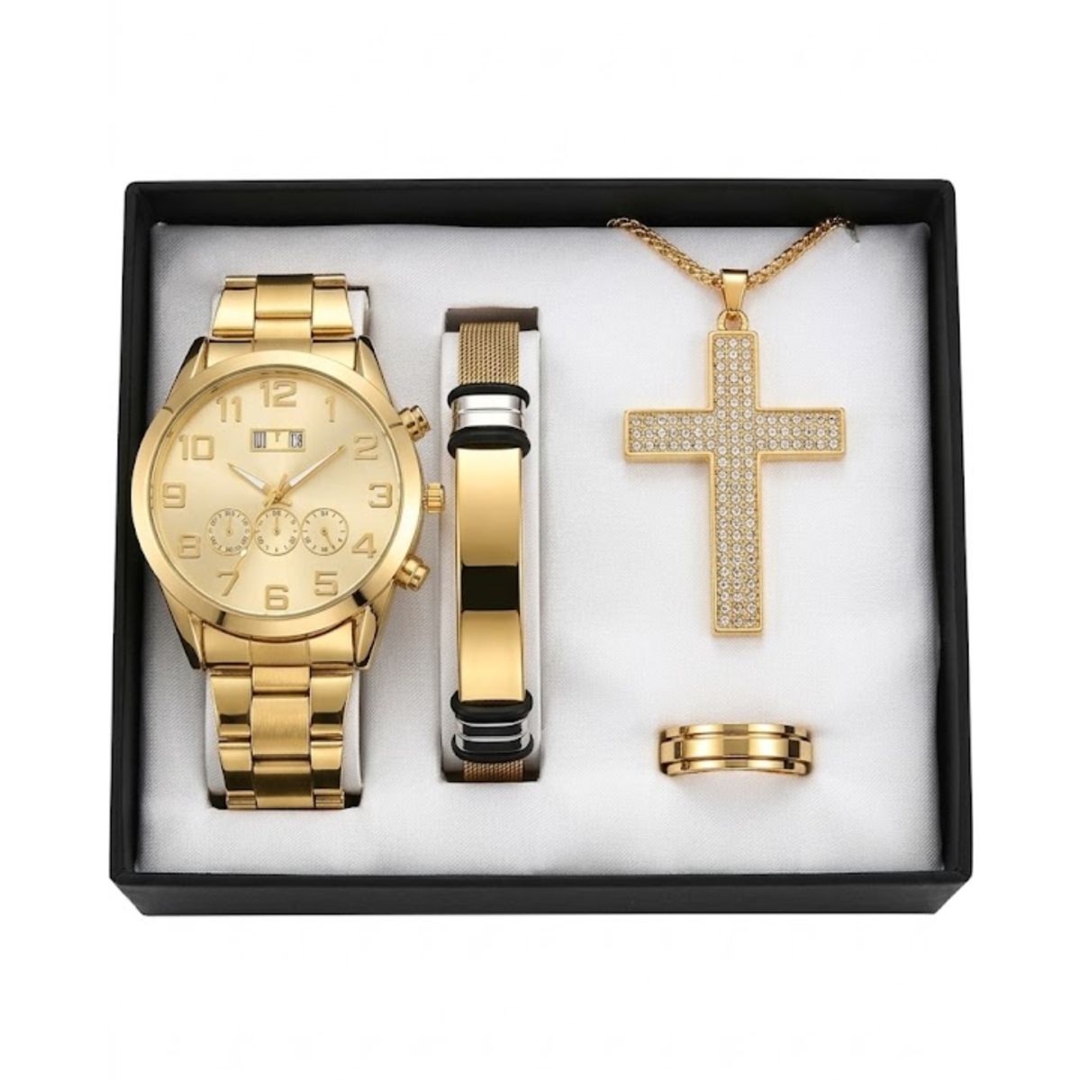 GENERICO - SET DE RELOJ  PULSERA COLLAR Y CADENA KIT 4 EN 1 PARA HOMBRES REGALO PERFECTO