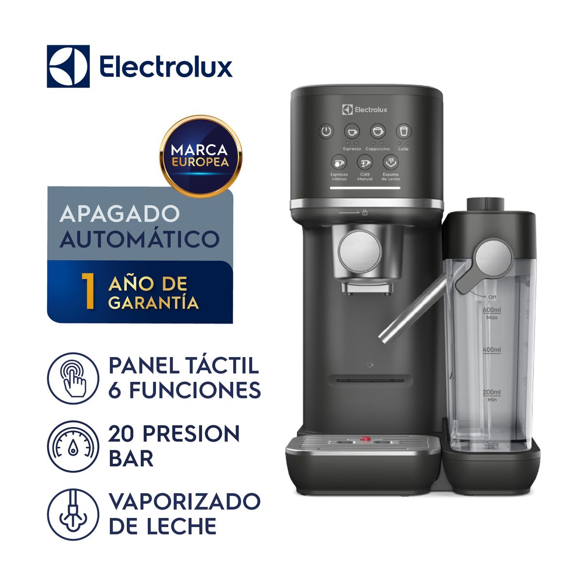 ELECTROLUX - Cafetera Espresso Electrolux Cápsula y Sachet Experience Vaporizador de Leche Negra ECM70