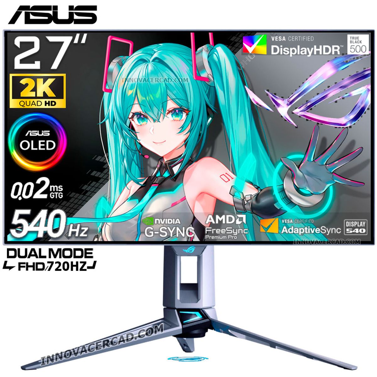 ASUS - Monitor ASUS ROG SWIFT OLED PG27AQW 26.5 QHD 2560x1440, DUAL MODE 540HZ, FHD 720HZ, 0.02MS, G-SYNC.