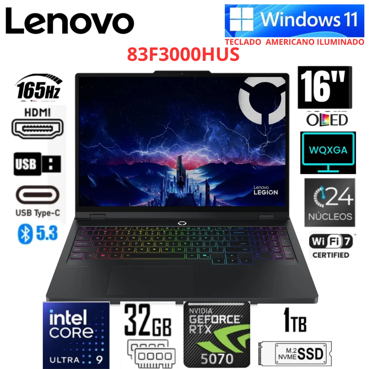 LENOVO - Laptop Lenovo Legion Pro 5i 16" OLED  – Intel Core Ultra 9 275HX, RTX 5070, 32GB RAM, 1TB SSD