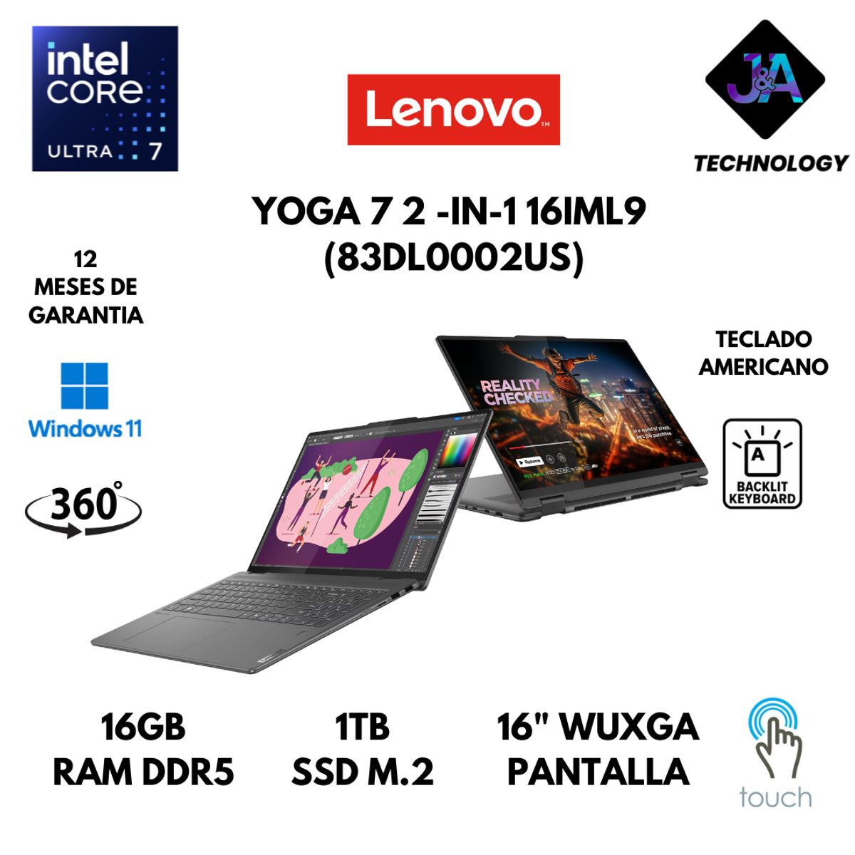 LENOVO - LAPTOP LENOVO YOGA 7 2 IN 1 ULTRA 7 155U 16GB RAM DDR5 1TB SSD 16" WUXGA TS WINDOWS 11 AMERICANA