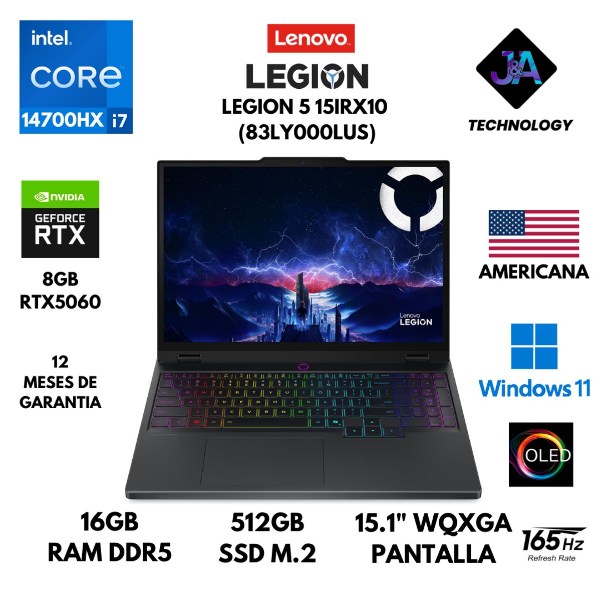 LENOVO - LAPTOP LENOVO LEGION 5 15IRX10 CORE I7 14700HX 16GB RAM 512GB SSD 8GB RTX5060 15.1" WIN 11 AMERICANA