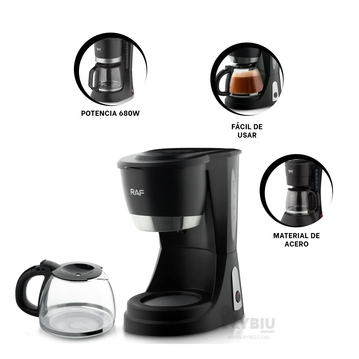 OEM - Cafetera de Acero 680W con Jarra de Vidrio Templado - 4 a 6 Tazas de Café Pasado