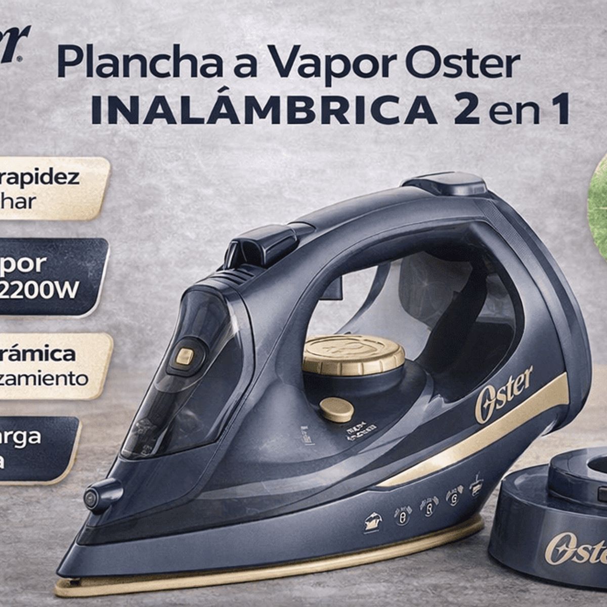 OSTER - Plancha a Vapor Oster Inalámbrica 2 en 1 GCSTCC5000 2200W Suela Cerámica Base de Carga
