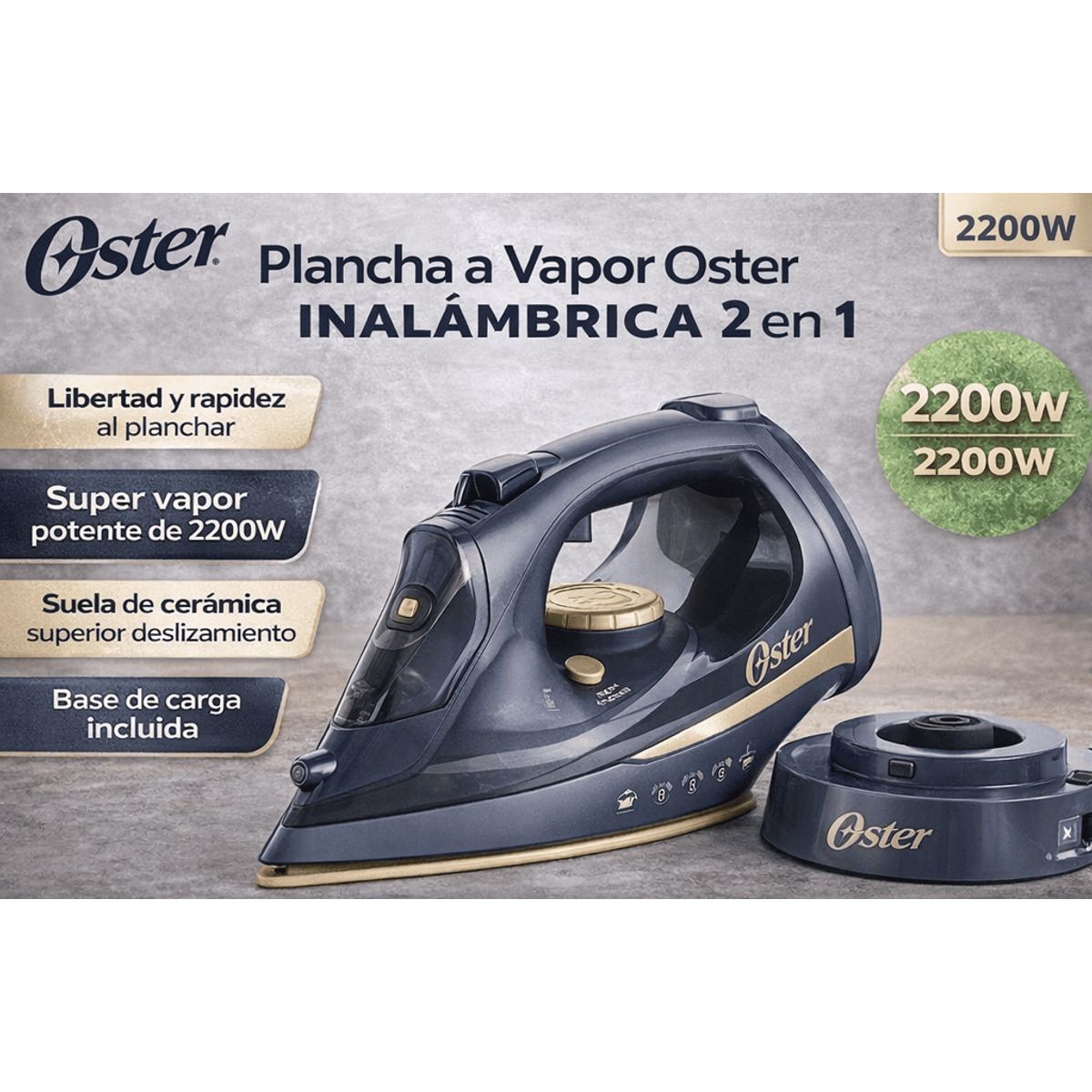 OSTER - Plancha a Vapor Oster Inalámbrica 2 en 1 GCSTCC5000 2200W Suela Cerámica Base de Carga