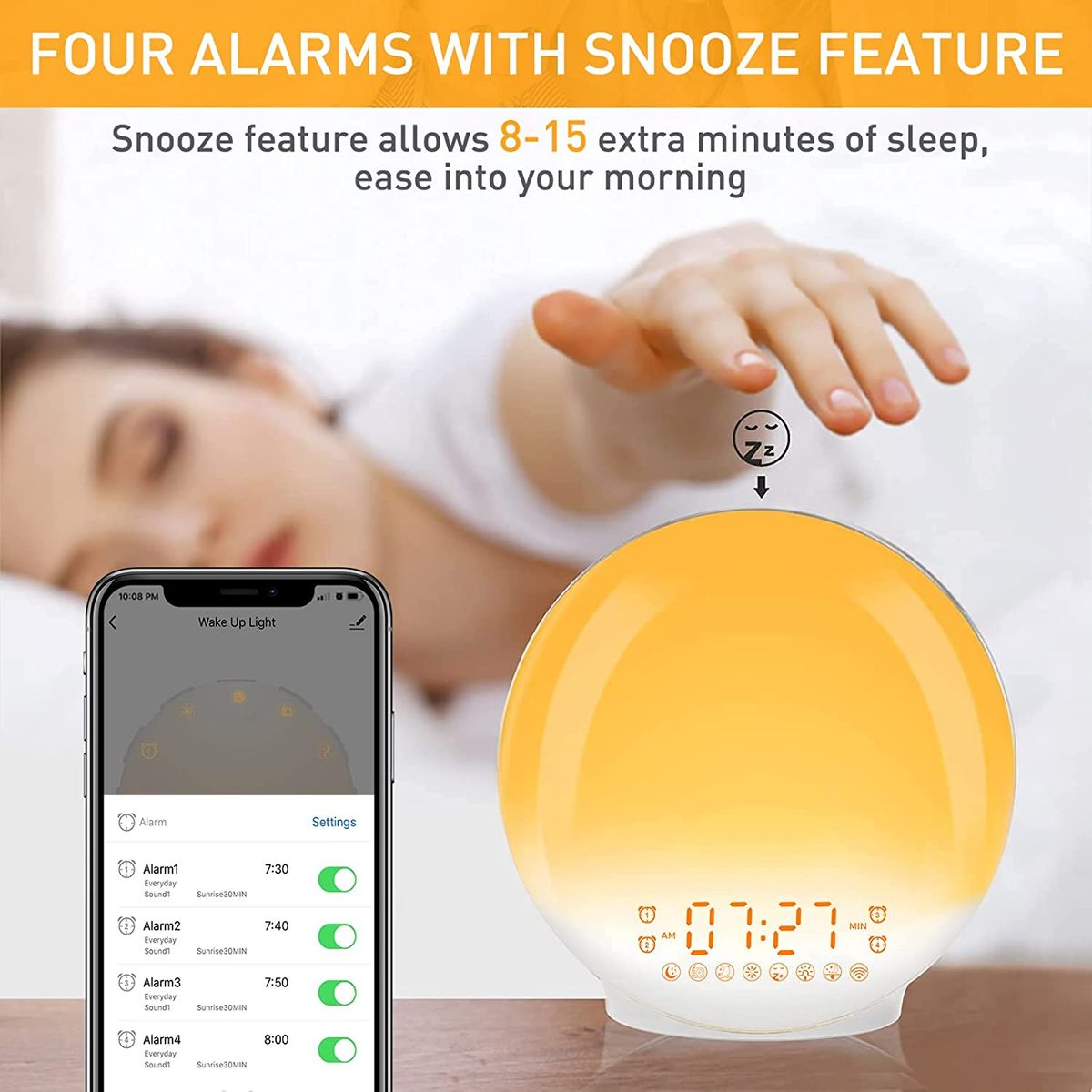 PUREPOWER - Luz de Despertador con Simulación de Amanecer WIFI, Alarmas Duales y Sonidos de la Naturaleza