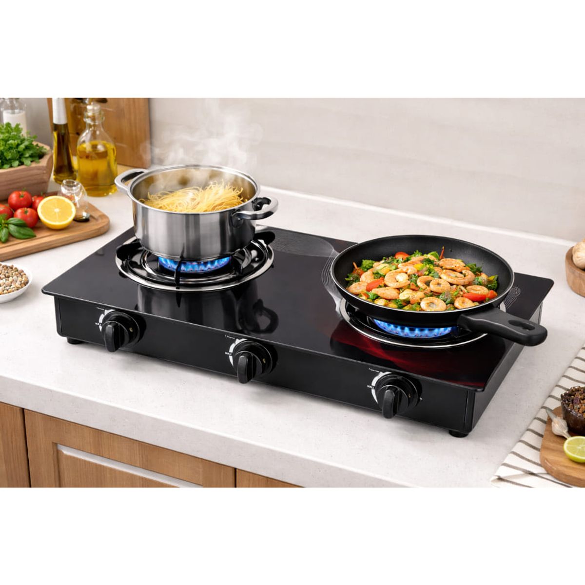 GENERICO - Cocina Gas 2 Hornillas Vidrio Templado Compacta Alta Eficiencia Cocina Moderna