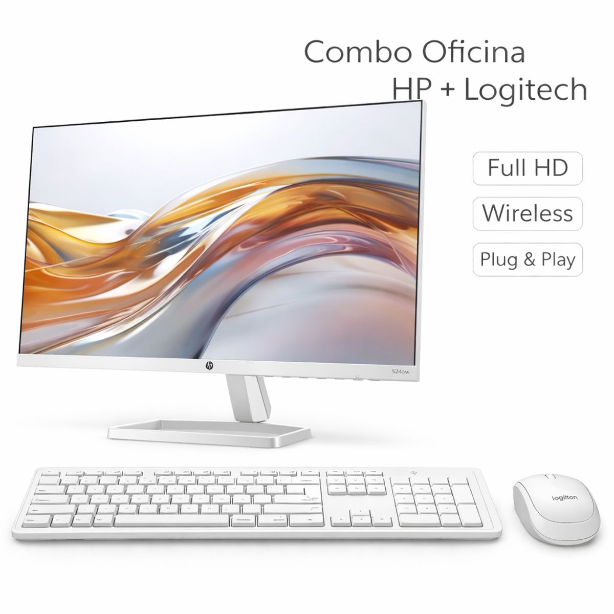 HP - Monitor HP 524sw + Teclado Logitech K250 + Mouse Logitech M196 Blanco