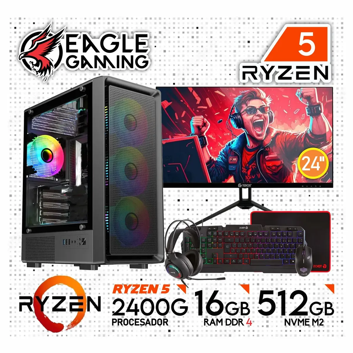 AMD - PC GAMER RYZEN 5 2400G RAM 16GB + SSD 500GB + GRAFICA VEGA 11 2GB + MONITOR + KIT