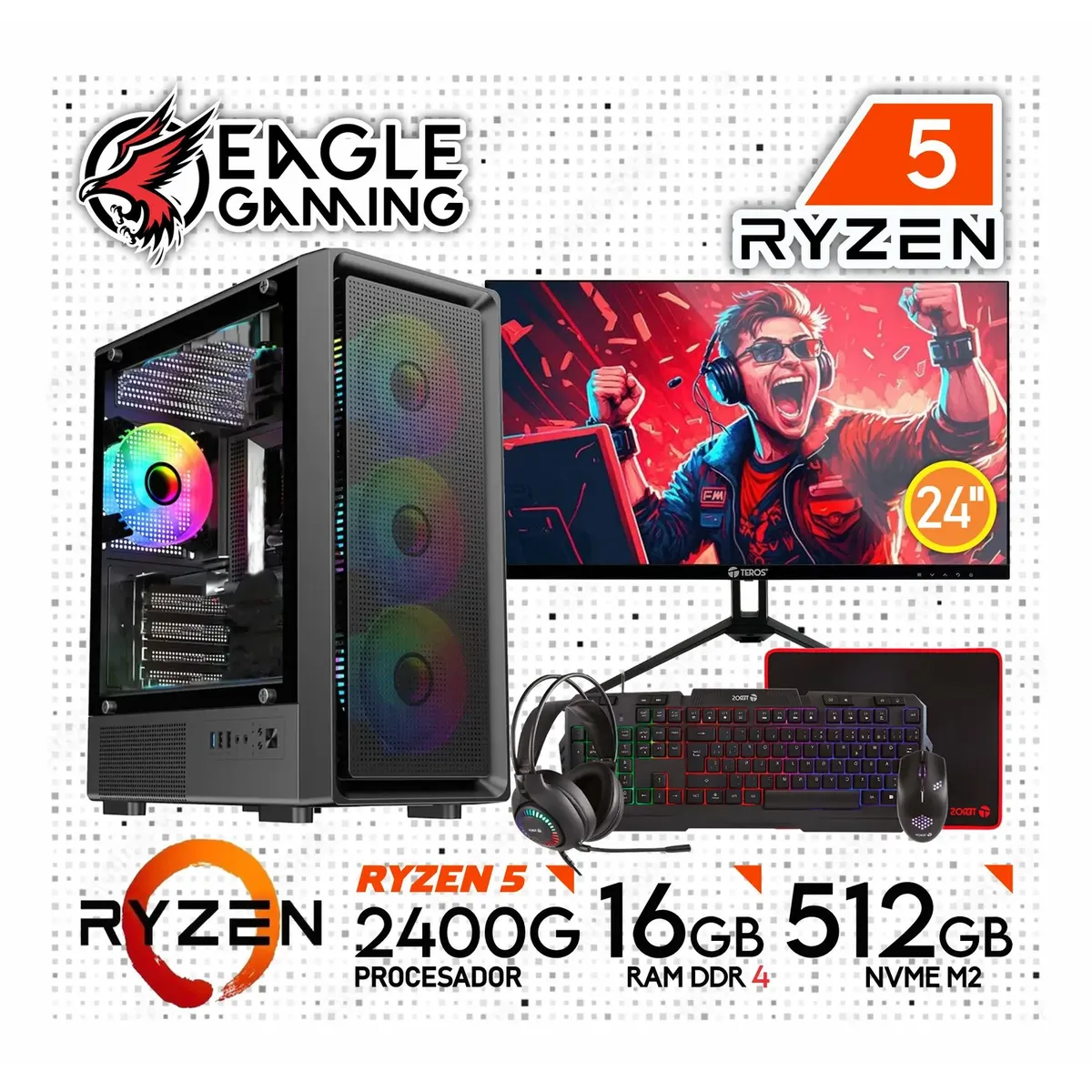 AMD - PC GAMER RYZEN 5 2400G RAM 16GB + SSD 500GB + GRAFICA VEGA 11 2GB + MONITOR + KIT