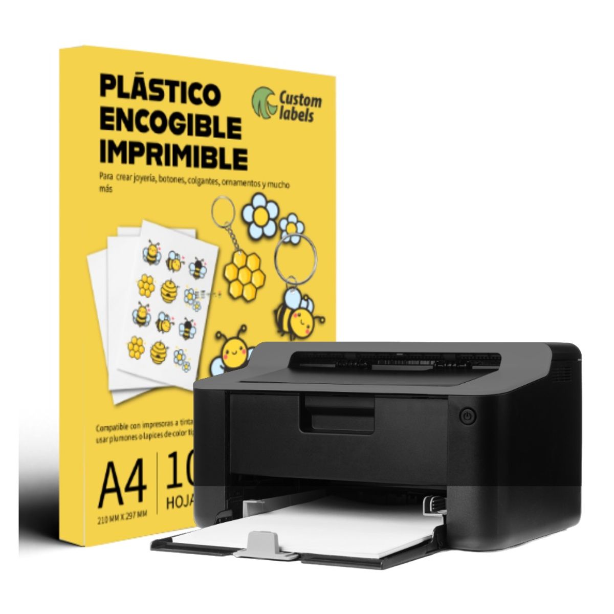 CUSTOM LABELS - Plástico Encogible Imprimible Blanco x 10H  Para Llaveros, Aretes y Manualidades