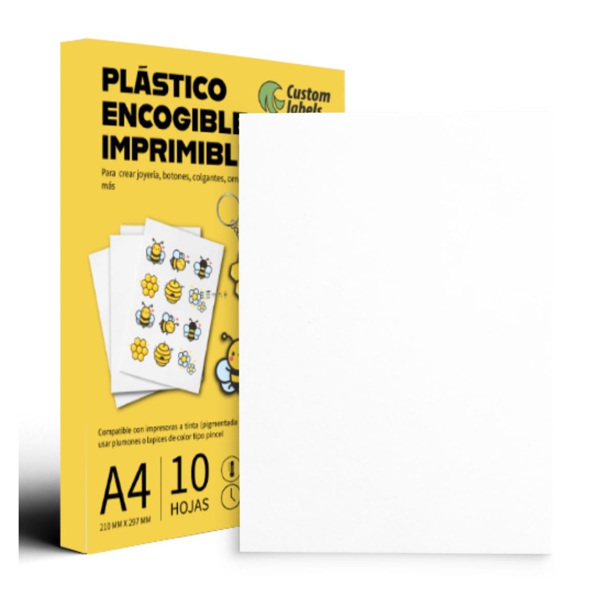 CUSTOM LABELS - Plástico Encogible Imprimible Blanco x 10H  Para Llaveros, Aretes y Manualidades