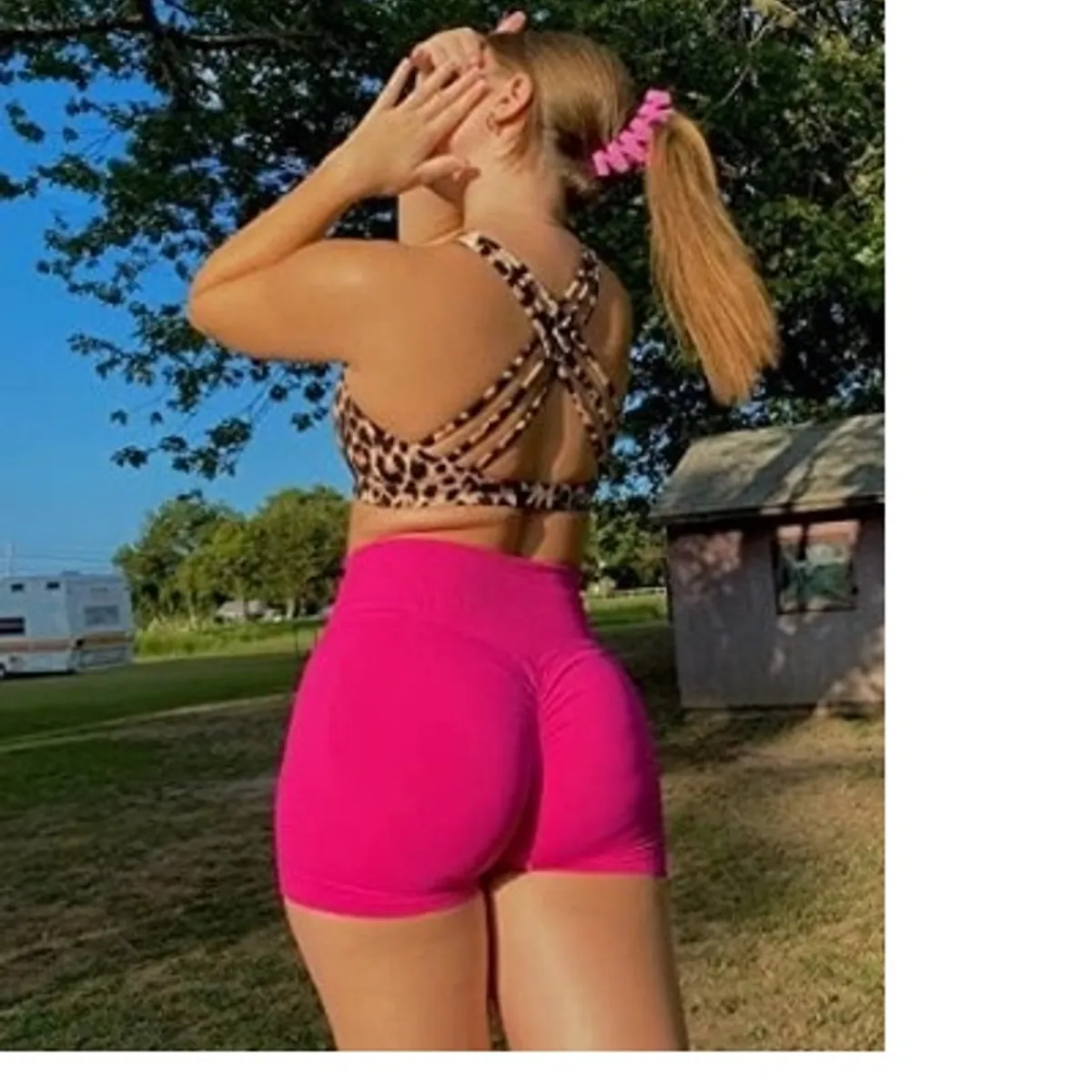 GENERICO - Shorts de cintura alta y con realce de glúteos para entrenamiento fucsia