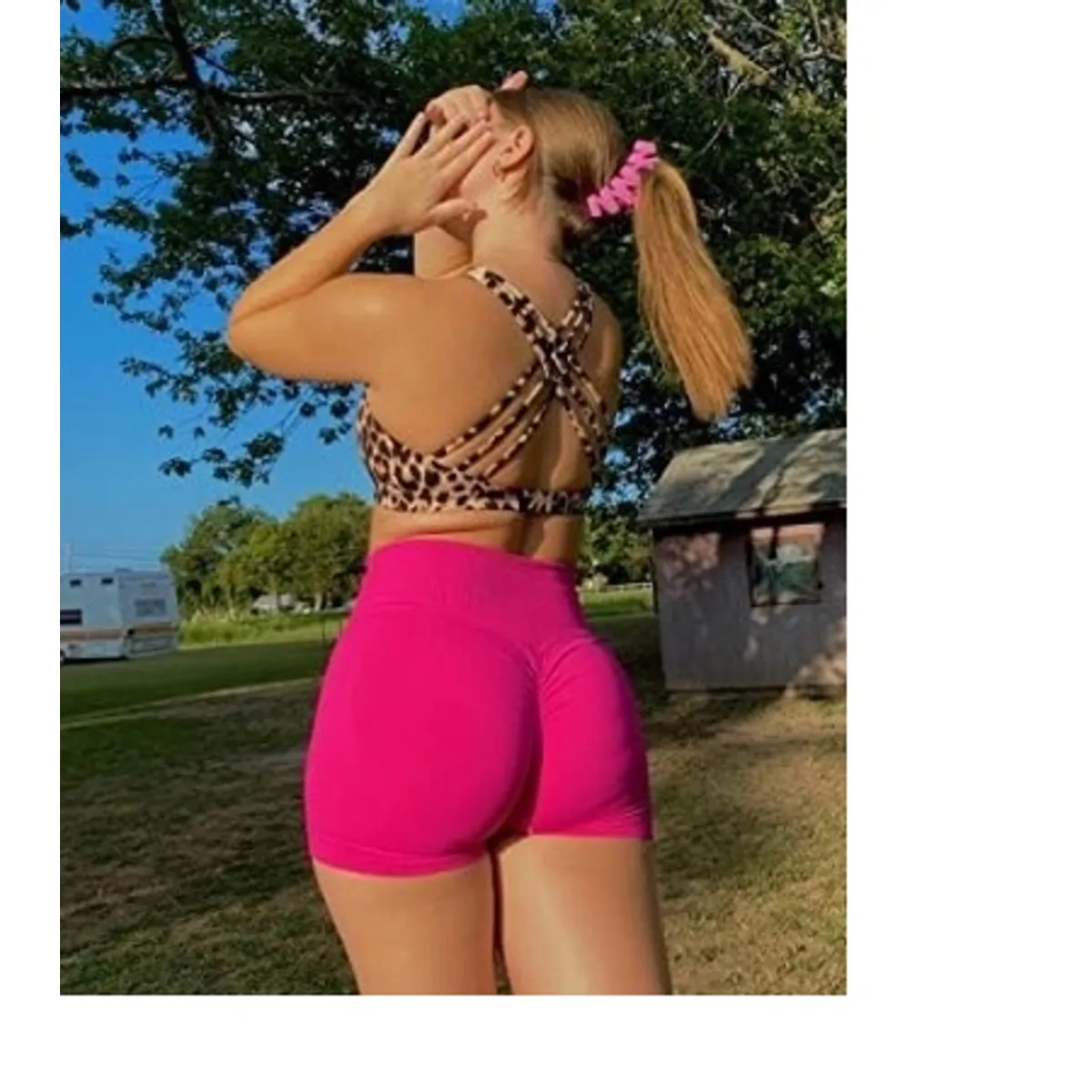 GENERICO - Shorts de cintura alta y con realce de glúteos para entrenamiento fucsia