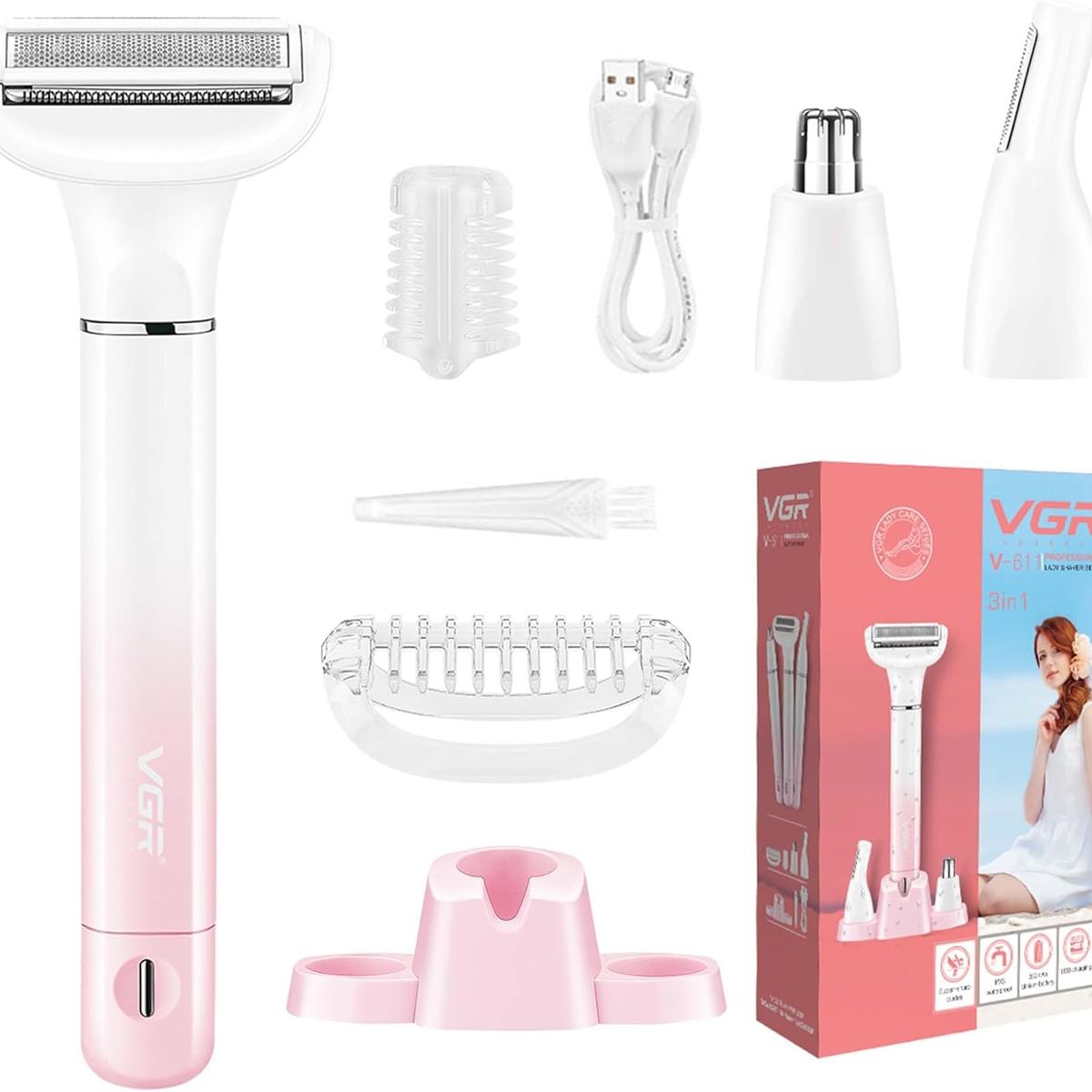 PUREPOWER - VGR Afeitadora eléctrica 3en1 con recortador de vello nasal y recortador de vello facial para mujer