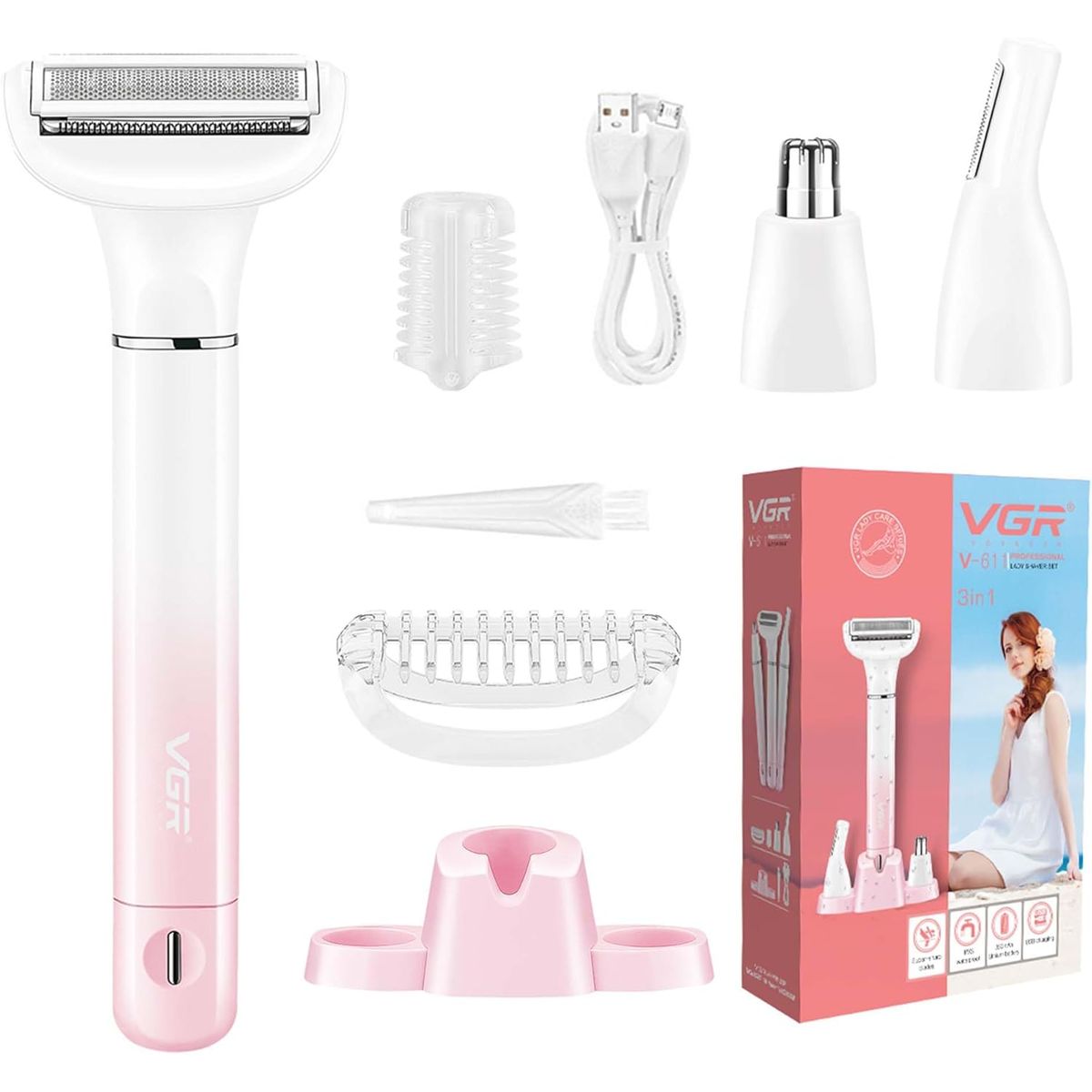 PUREPOWER - VGR Afeitadora eléctrica 3en1 con recortador de vello nasal y recortador de vello facial para mujer