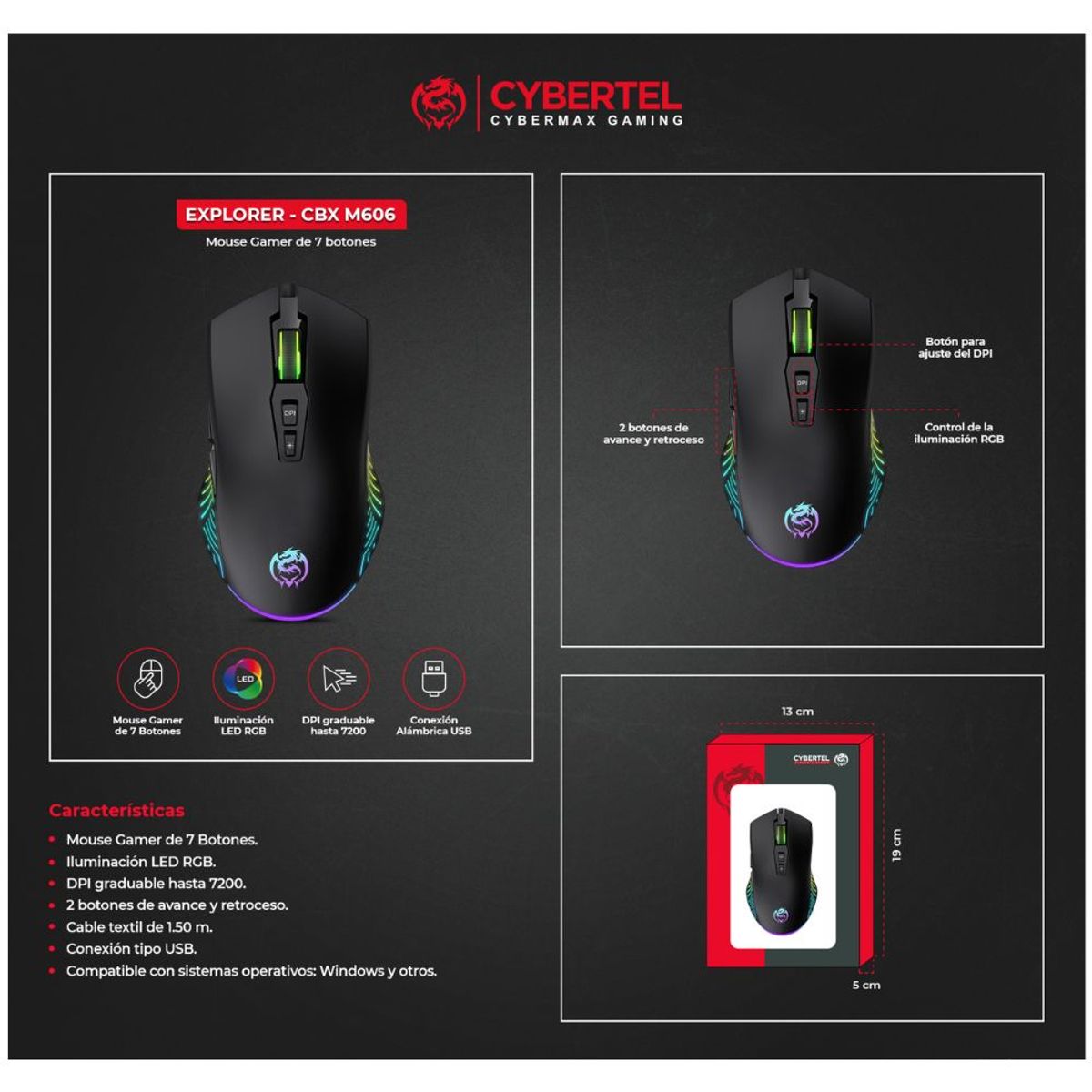 CYBERTEL - Mouse Gamer Led 7b 7200dpi Cybertel Explorer CBX M606 + Pad Mouse