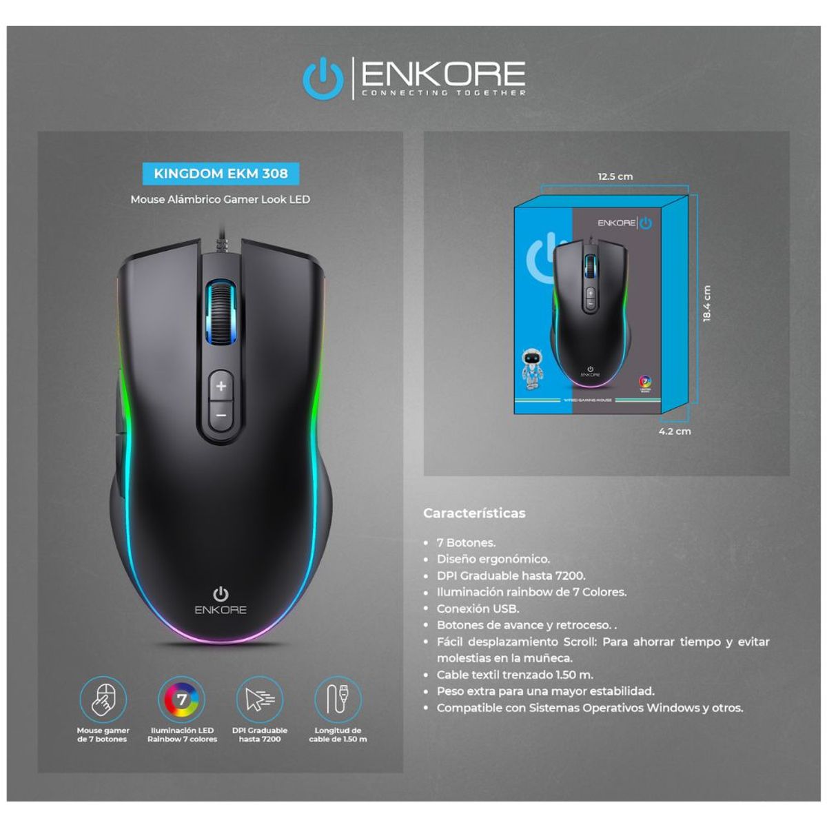ENKORE - Mouse Gamer Led 7b 7200dpi Enkore Kingdom EKM 308 + Pad Mouse