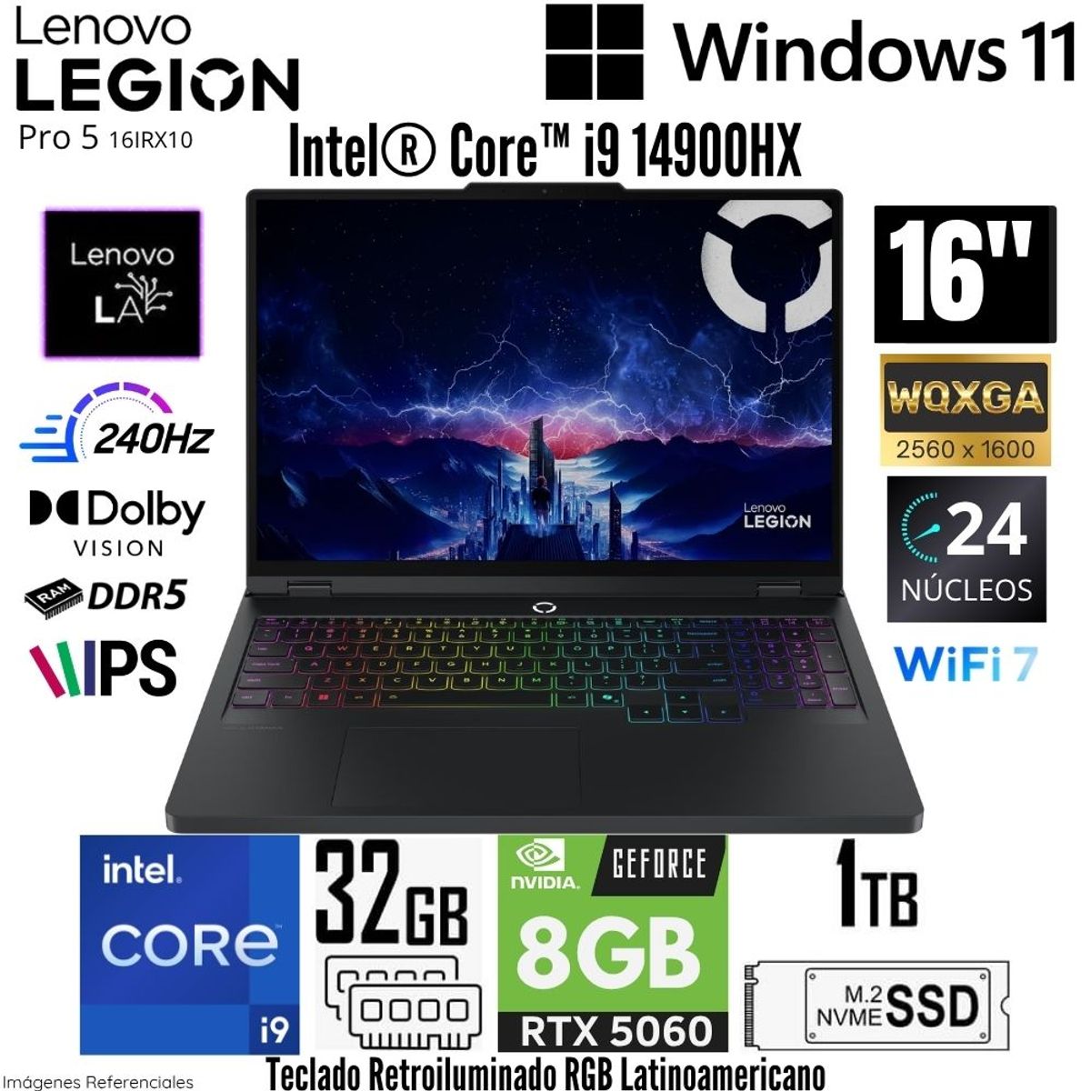 LENOVO - Laptop Lenovo Legion Pro 5 16IRX10 Intel Core i9-14900HX 32GB RAM 1TB SSD RTX 5060-8GB 16"  WQXGA