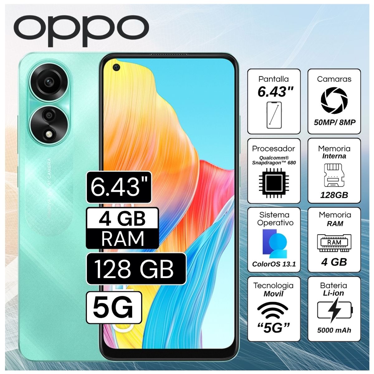 OPPO - Celular Oppo A78 5G  6.43"  Pulg. 4GB RAM 128GB ColorOS 13.1 - Azul