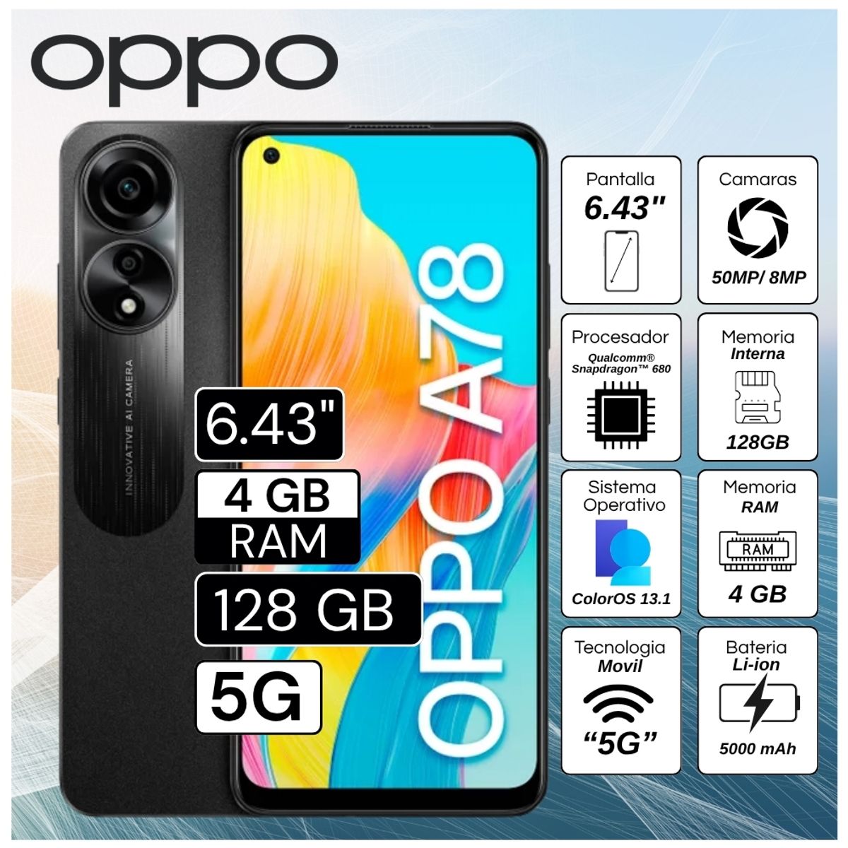 Celular Oppo A78 5G  6.4"  Pulg. 4GB RAM 128GB ColorOS 13.1 - Negro, marca OPPO - Foto Principal
