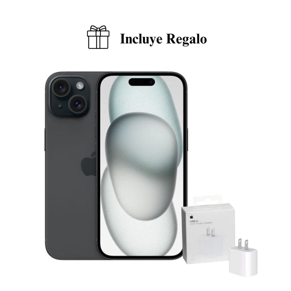 APPLE - iPhone 15 128GB  ( Chip Fisico ) 5G - Negro + Cubo de 20W