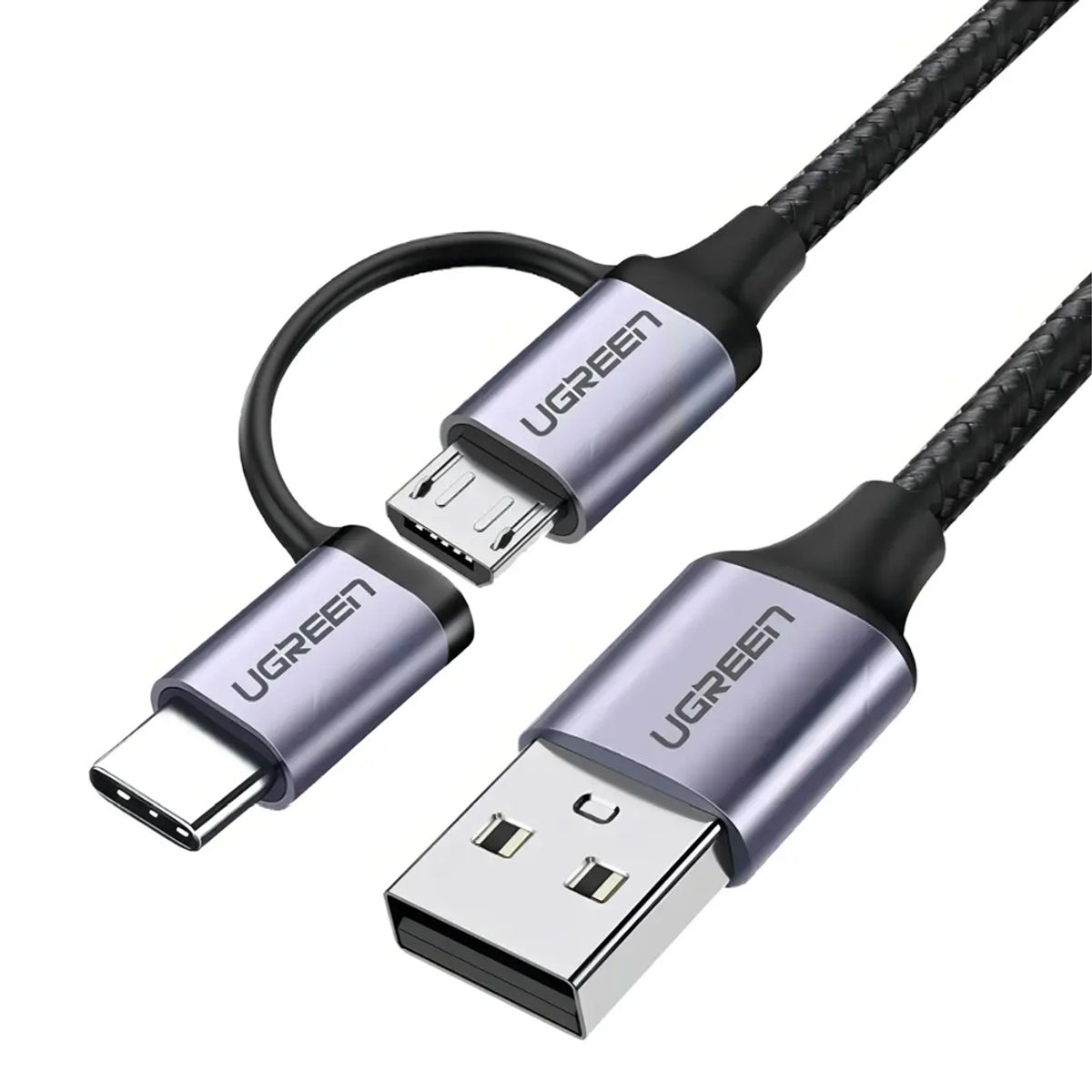 UGREEN - Cable USB 2.0 a Micro USB + USB-C  Nylon Trenzado 1 Metro