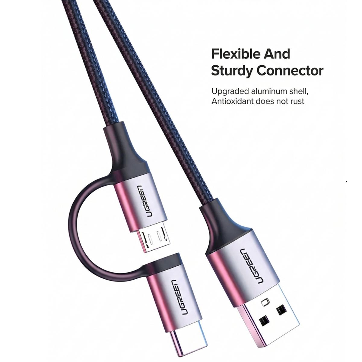 UGREEN - Cable USB 2.0 a Micro USB + USB-C  Nylon Trenzado 1 Metro