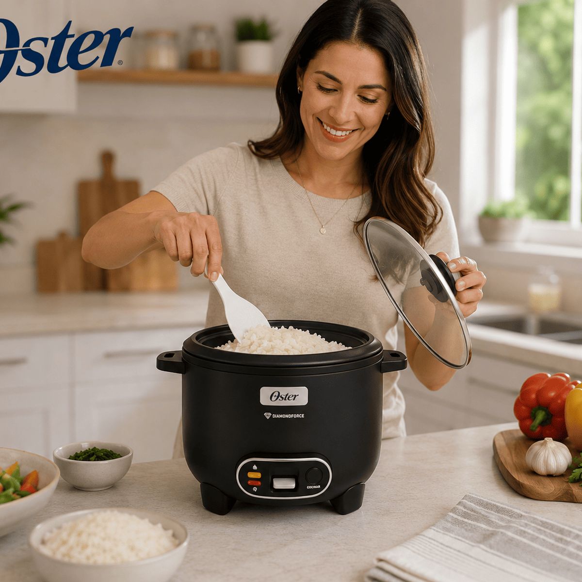 OSTER - Arrocera Oster 15 Tazas 3 en 1 con Sofrito y Vaporera - Antiadherente DiamondForce CKSTRC15DFBLK
