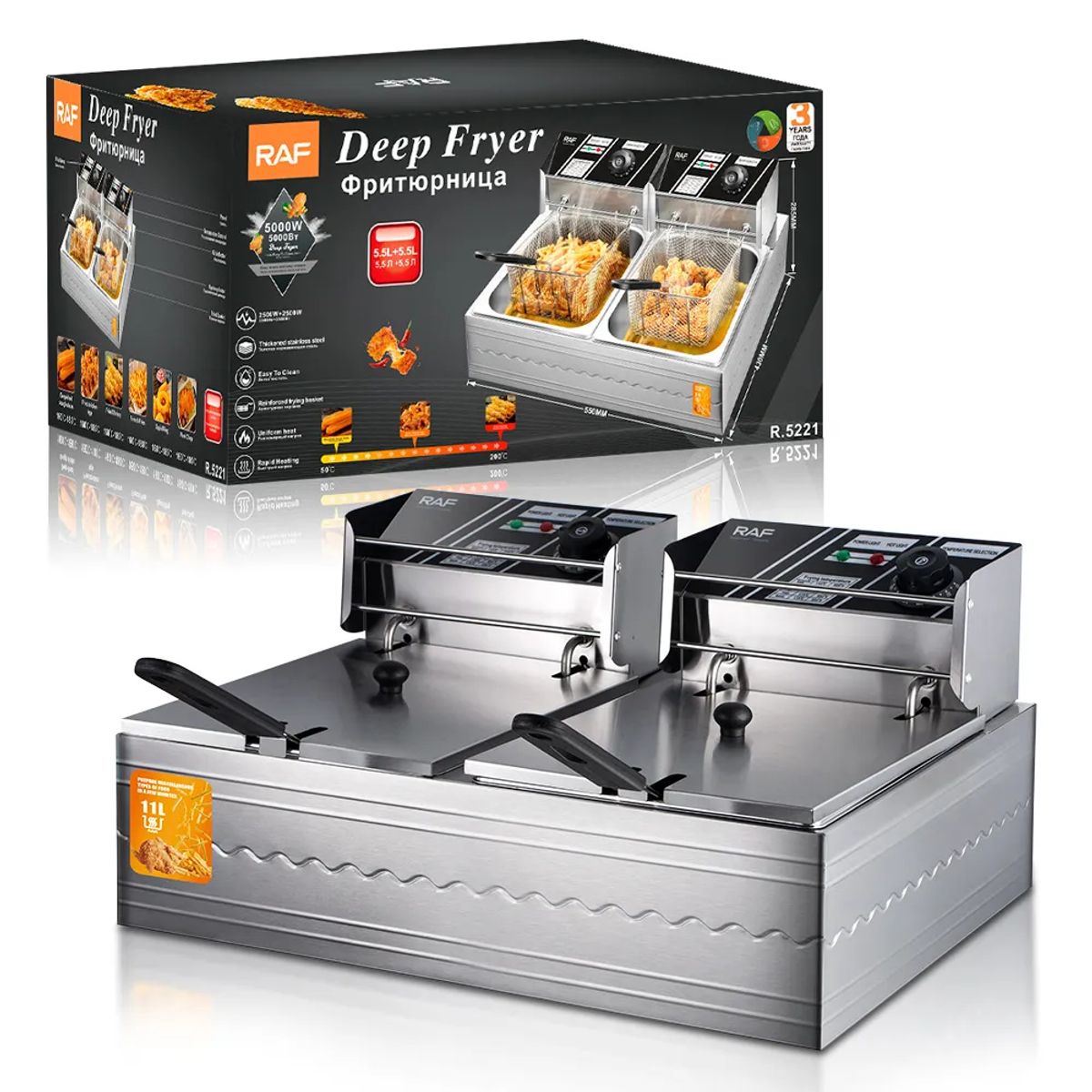 RAFF - FREIDORA ELÉCTRICA DE ACERO INOXIDABLE DOBLE POZA DE 6 + 6 LITROS - 5000W