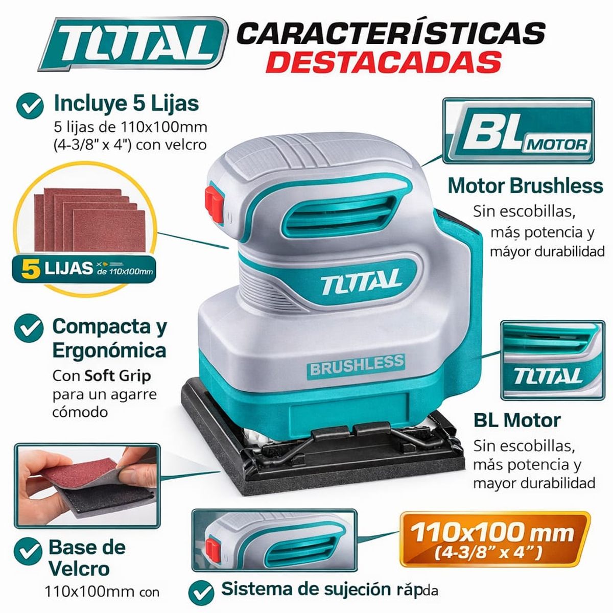 TOTAL - Lijadora Orbital Inalámbrica Total 20V +5 Lijas NO INCLUYE BATERIACARGADOR