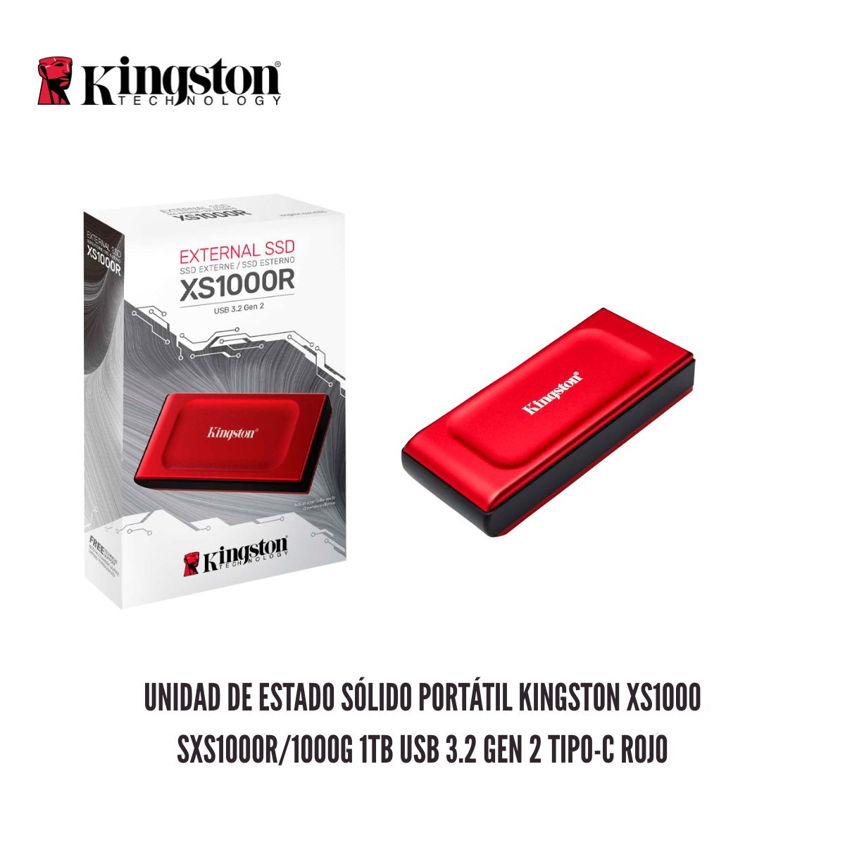 KINGSTON - Unidad de Estado Sólido Portátil Kingston XS1000 SXS1000R/1000G 1TB USB 3.2 Gen 2 Tipo-C Rojo