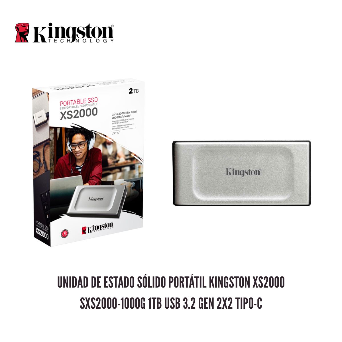 KINGSTON - Unidad de Estado Sólido Portátil Kingston XS2000 SXS2000-2000G 2TB USB 3.2 Gen 2x2 Tipo-C