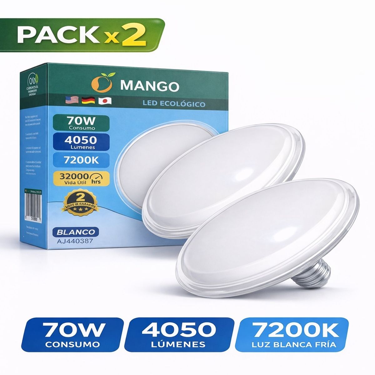 Pack x 2 Panel LED 70W MANGO Luz Blanca Fría 7200K 4050 Lúmenes ...