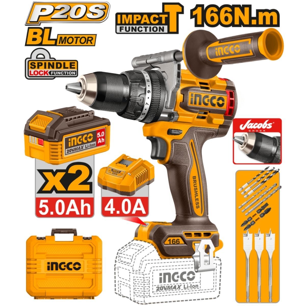 INGCO - Taladro Percutor Ingco Cidli201668 20V Brushless 166Nm