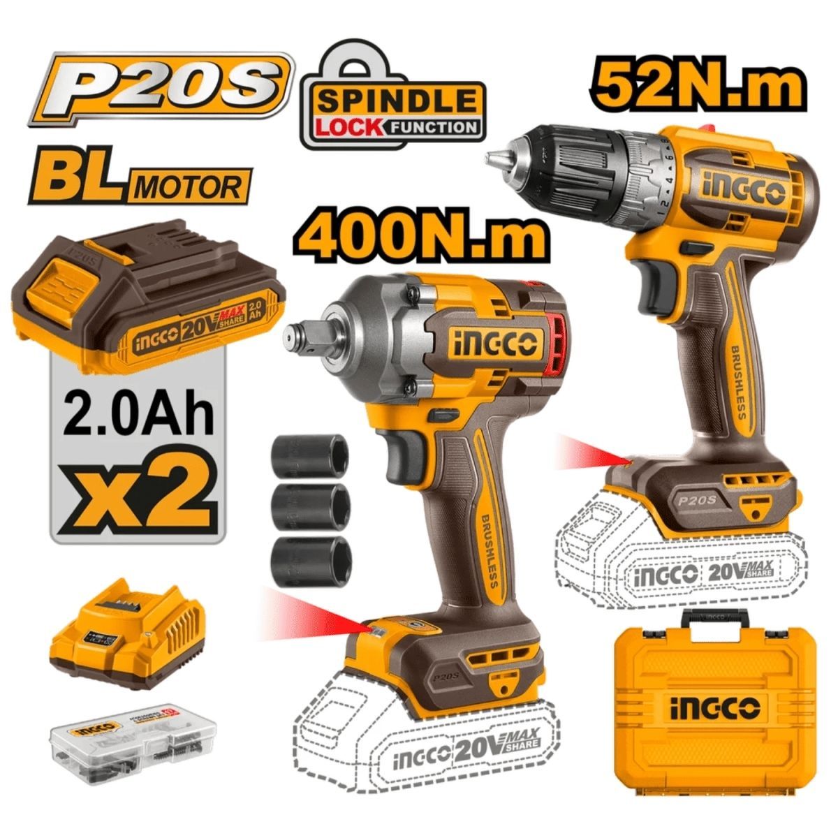 INGCO - Taladro + Llave De Impacto Ingco Ckli20271 20V Brushless