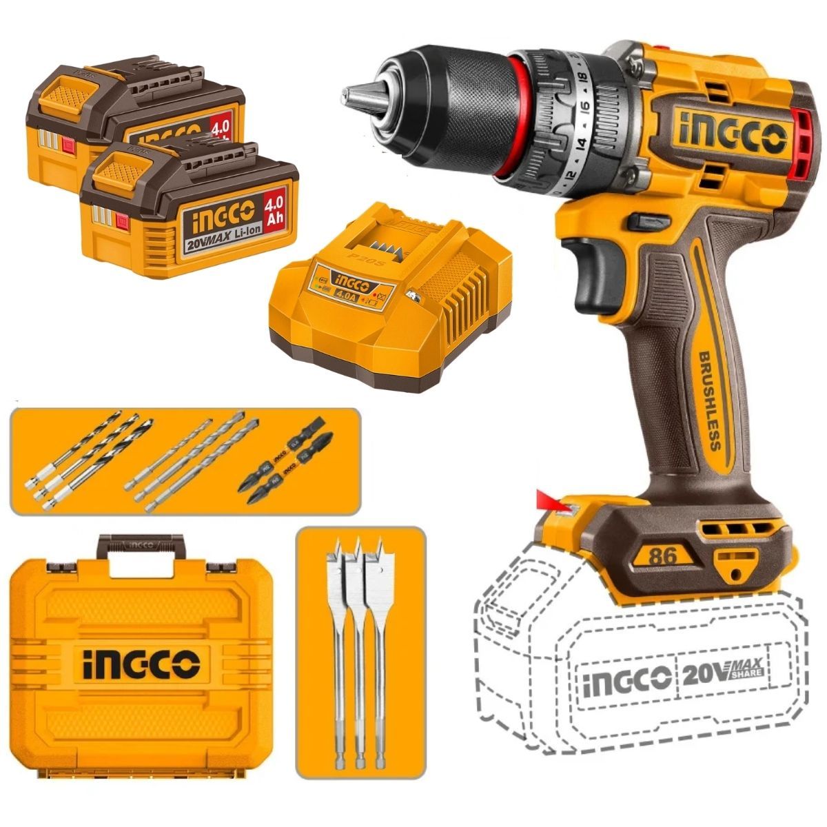 INGCO - Taladro Atornillador Percutor INGCO 20V 86Nm Brushless + 2 Baterías 4Ah CIDLI208682