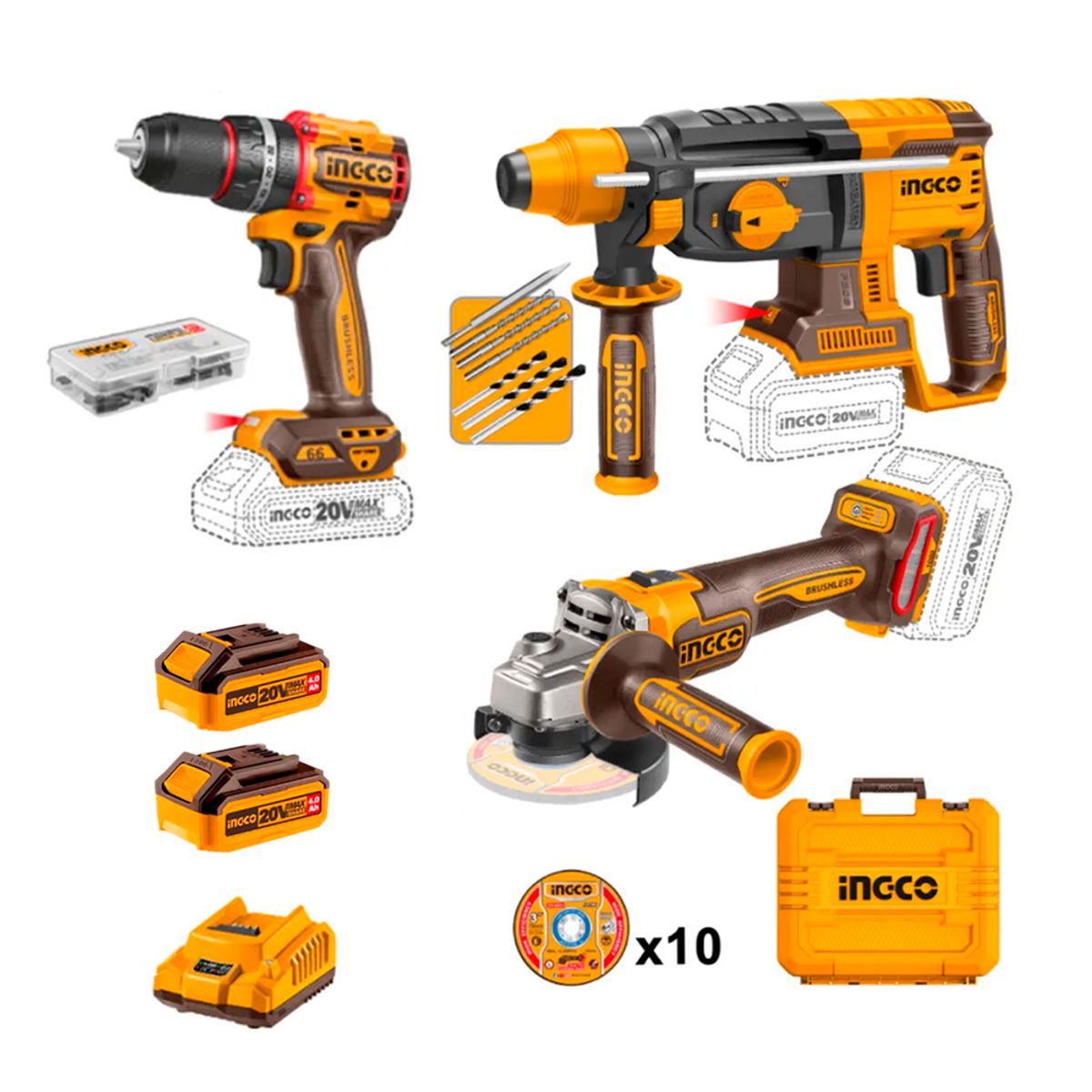 INGCO - Kit Taladro+ Amoladora+ Rotomartillo 20V 4AH X2 COSLI241198