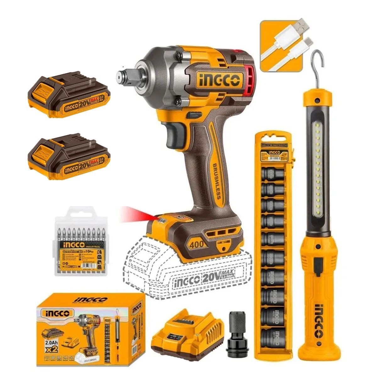INGCO - Llave De Impacto 12 Ingco 20V 400Nm Brushless + Linterna Led